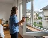 Frau öffnet Fenster im Schlafzimmer. Rauch vom Nachbarn zieht ins Zimmer.