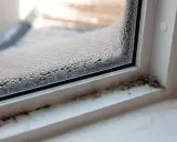 Beschlagene Fensterscheibe mit sichtbarem Schimmelbefall am Fensterrahmen. Dies kann ein Hinweis auf unsichtbaren Schimmel in der Wohnung und dessen Symptome sein.