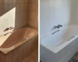Vorher-Nachher-Vergleich: Braune Badewanne und Fliesen werden durch strahlendes Weiß ersetzt. Erfolgreiches **Fliesen lackieren** für ein modernes Bad.