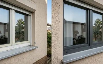Vorher/Nachher-Vergleich: Ein vergilbtes Kunststofffenster wurde professionell dunkelgrau lackiert.