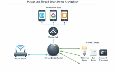 Schema der Matter und Thread Smart Home Architektur: Smartphone-Apps steuern Geräte über einen Matter-Hub und Thread Border Router.