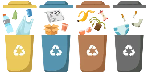 Vier Mülleimer mit Recycling-Symbolen: Gelb für Plastik, Blau für Papier, Braun für Biomüll, Grau für Restmüll. Hier werden leere Farbeimer entsorgt.