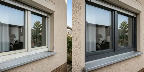Vorher/Nachher-Vergleich: Ein vergilbtes Kunststofffenster wurde professionell dunkelgrau lackiert.