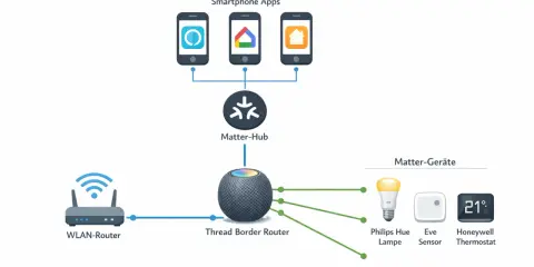 Schema der Matter und Thread Smart Home Architektur: Smartphone-Apps steuern Geräte über einen Matter-Hub und Thread Border Router.