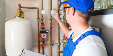 Techniker prüft Heizungsanlage, um das Heizung Wasser ablassen zu können. Er kontrolliert Manometer an Kupferrohren.