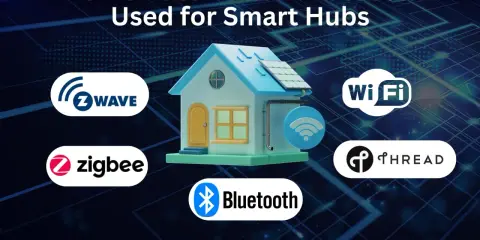 Ein Haus mit Symbolen für Z-Wave, Zigbee, Bluetooth, Wi-Fi und Thread. Diese Protokolle sind wichtig, um zu verstehen, was ist smart hub und wie es funktioniert.