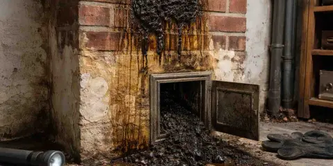 Ein stark versotteter Schornstein mit Rußablagerungen, die aus einer offenen Klappe tropfen. Daneben liegen Handschuhe und eine Taschenlampe.