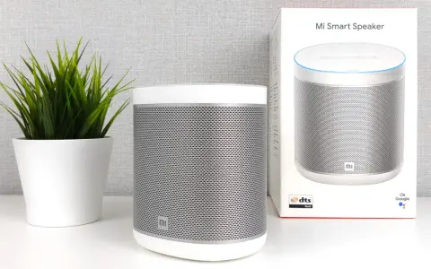 Ein weißer Mi Smart Speaker steht neben einer grünen Pflanze. Die Verpackung des Lautsprechers ist ebenfalls zu sehen.