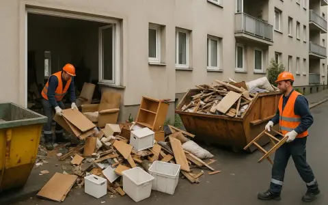 Männer in Warnwesten und Helmen räumen eine Messie-Wohnung aus. Sperrmüllcontainer und Kartons stapeln sich vor dem Gebäude.