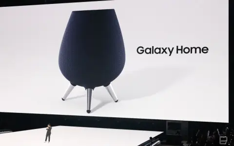 Samsung Assistant Galaxy Home: Ein Mann präsentiert den neuen Smart Speaker auf einer Bühne.