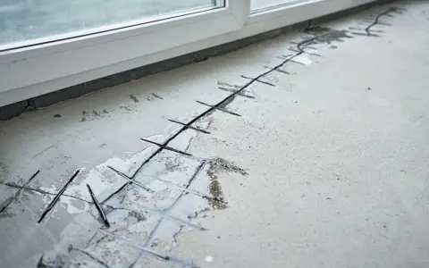 Betonboden mit eingeschnittenen Fugen und Bewehrung, bereit für die Ausbesserung des Estrichs.