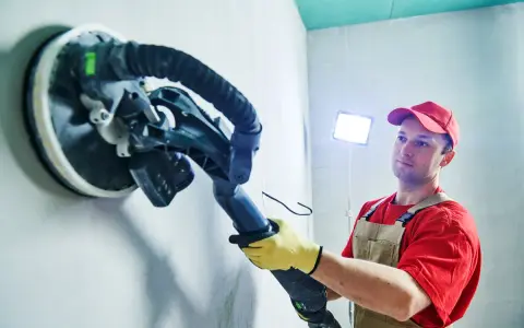 Mann schleift mit einem Langhalsschleifer die Wand per Hand.