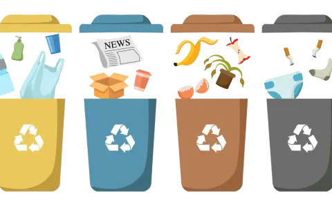 Vier Mülleimer mit Recycling-Symbolen: Gelb für Plastik, Blau für Papier, Braun für Biomüll, Grau für Restmüll. Hier werden leere Farbeimer entsorgt.