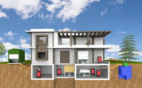 Schematische Darstellung eines Hauses mit Pelletlager, Heizsystem und Wassertank. Zeigt den gesamten Prozess des **Pellets Verbrauch im Jahr**.