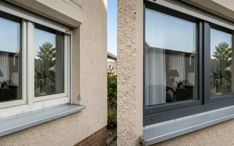 Vorher/Nachher-Vergleich: Ein vergilbtes Kunststofffenster wurde professionell dunkelgrau lackiert.