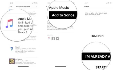 Apple Music zu Sonos hinzufügen. Der Bildschirm zeigt die Option "Add to Sonos" für Apple Music.