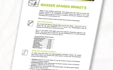 Durchschnittlicher Wasserverbrauch pro Person und Tag: Trinken & Kochen 4L, Duschen 44L. Wasser sparen mit Perlatoren & Sparbrausen.