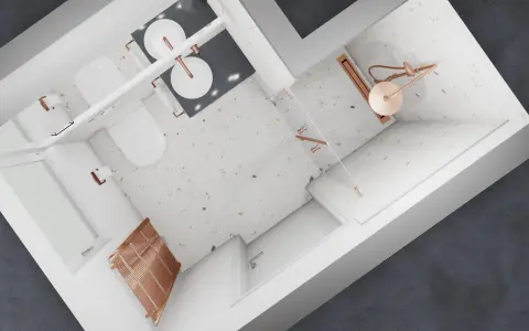 Modernes Badezimmer mit Terrazzo-Fliesen, zwei Toiletten, Doppelwaschbecken und einer Dusche. Die Kupferakzente bei den Armaturen und dem Heizkörper passen gut zu den hellen Fliesen.