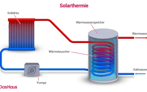 Schema einer Solarthermieanlage: Kollektor erwärmt Wasser, das über eine Pumpe in einen Warmwasserspeicher geleitet wird. Dort gibt es Wärme über einen Wärmetauscher ab.