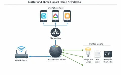 Schema der Matter und Thread Smart Home Architektur: Smartphone-Apps steuern Geräte über einen Matter-Hub und Thread Border Router.