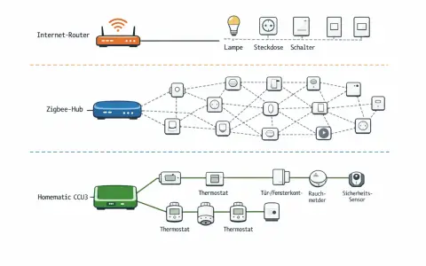Schema zeigt ein Smart-Home-Netzwerk mit Internet-Router, Zigbee-Hub und Homematic CCU3, die Geräte wie Lampen, Thermostate und Sensoren steuern. Zigbee und Matter sind hierbei wichtige Standards.