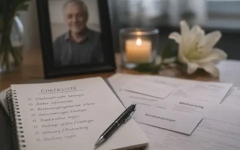 Checkliste für den Nachlass, mit Punkten wie "Sterbeurkunde besorgen" und "Nachlass regeln", inspiriert von § 580 BGB. Ein Porträt, Kerze und Lilie deuten auf einen Abschied hin.