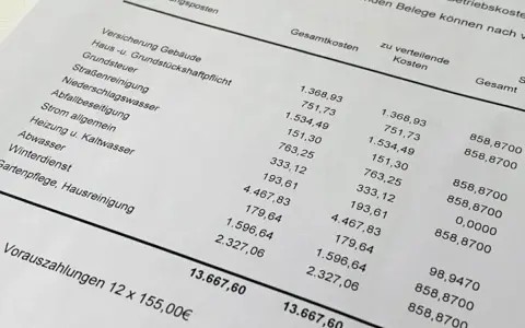 Abrechnungsposten mit Kosten für Gebäudeversicherung, Grundsteuer, Strom, Heizung, Abwasser und Gartenpflege. Die Gesamtkosten betragen 13.667,60 €.