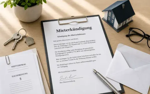 Schreibtisch mit Mietvertrag, Schlüssel, Hausmodell und Kündigungsschreiben, das die gesetzliche Kündigungsfrist gemäß § 573c BGB erwähnt.
