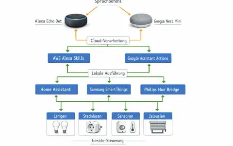 So funktioniert eine Alexa: Sprachbefehl geht zur Cloud-Verarbeitung, dann zu Skills oder Aktionen, lokale Ausführung steuert Lampen, Steckdosen, Sensoren, Jalousien.