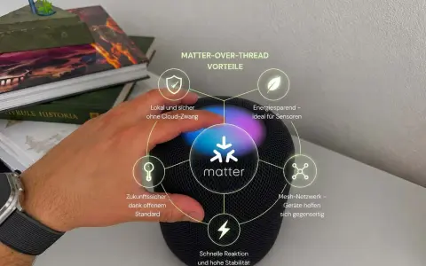 HomePod Mini mit Matter-Unterstützung: Lokal, sicher, energiesparend und zukunftssicher dank offenem Standard.