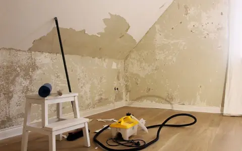 Raufasertapete entfernen: Dampfreiniger und Werkzeug auf dem Boden, die Wand ist teilweise abgerissen.