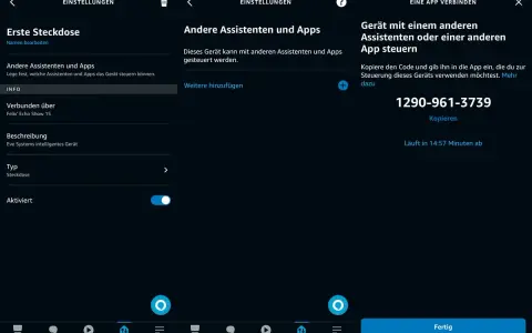 Ein Eve Systems Steckdosen-Gerät wird mit Alexa verbunden. Der Code 1290-961-3739 wird angezeigt.