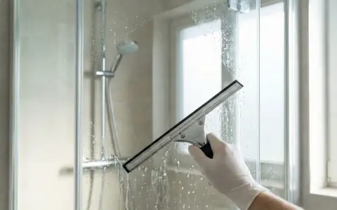 Mit einem Gummiabzieher wird die nasse Glasdusche gereinigt. Wasser und Schaum laufen über das Glas.