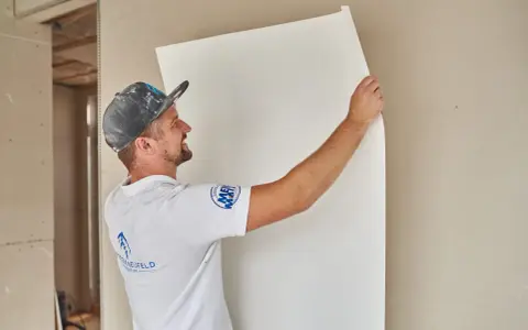 Maler tapeziert Malervlies an einer Wand.