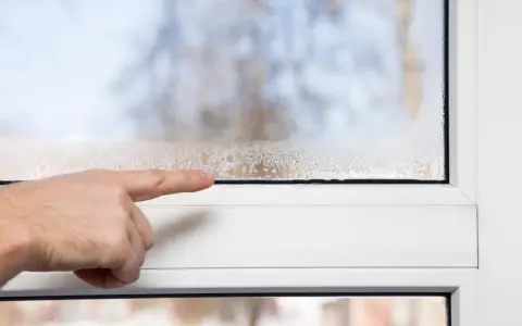 Finger zeigt auf beschlagene Fensterscheibe. Hohe Luftfeuchtigkeit im Raum senken ist wichtig, um Kondensation zu vermeiden.