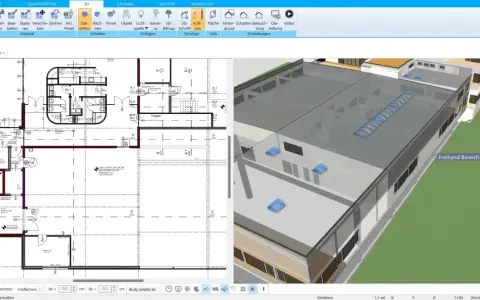 Bauplan und 3D-Modell eines Gebäudes. Ein Nutzer richtet die Werkstatt ein, indem er Elemente im Plan platziert und die 3D-Ansicht zur Überprüfung nutzt.