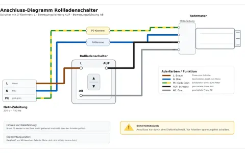 Schaltplan für elektrische Rolladen smart machen: Anschluss eines Rohrmotors mit Rollladenschalter.
(168 Zeichen)