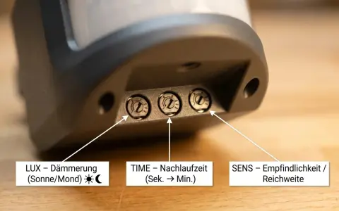 Nahaufnahme von drei Einstellrädern an einem Bewegungsmelder: LUX (Dämmerung), TIME (Nachlaufzeit) und SENS (Empfindlichkeit/Reichweite). So lässt sich der Bewegungsmelder einstellen.