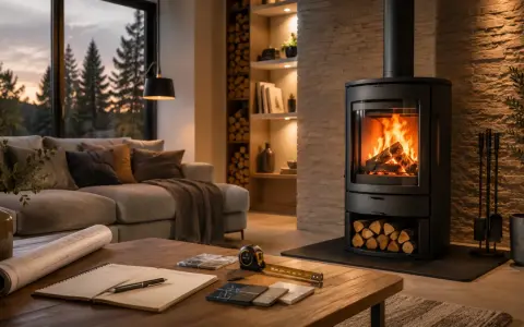 Gemütliches Wohnzimmer mit brennendem Kamin, der zum **kamin einbauen** einlädt. Baupläne und Materialmuster liegen bereit.