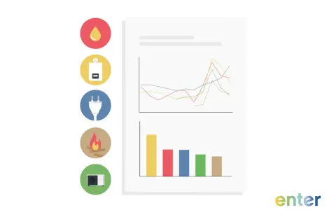 Grafiken zeigen Energieverbrauch und CO2 pro kWh Erdgas. Icons für Wasser, Heizung, Strom, Feuer und Klimaanlage.