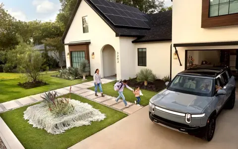 Familie kommt nach Hause, das elektrische Auto parkt vor dem Haus mit Solaranlagen. Ein smartes Garagentor öffnet sich automatisch.