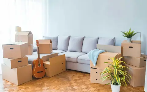 Umzugskartons stapeln sich, eine Gitarre lehnt an der Wand. Ein neuer Lebensabschnitt beginnt, ein Muster für den Einzug in die Mietwohnung.