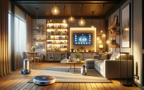 Moderne smart home ideen: Roboter-Staubsauger und ein kleiner Helfer im gemütlichen Wohnzimmer mit beleuchteten Regalen und einem großen Bildschirm.