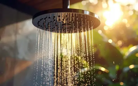 Duschkopf mit warmem Wasser im Sommer ohne Heizung. Sonnenstrahlen brechen sich im Wasser und erzeugen ein warmes, goldenes Licht.