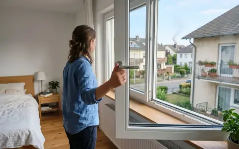 Frau öffnet Fenster im Schlafzimmer. Rauch vom Nachbarn zieht ins Zimmer.