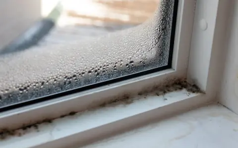 Beschlagene Fensterscheibe mit sichtbarem Schimmelbefall am Fensterrahmen. Dies kann ein Hinweis auf unsichtbaren Schimmel in der Wohnung und dessen Symptome sein.