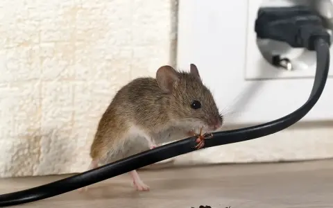 Eine kleine Maus in der Wohnung nagt an einem Stromkabel.