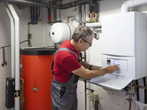 Techniker führt Abgasmessung an Heizung durch. Er bedient das Bedienfeld des modernen Brennwertgeräts.