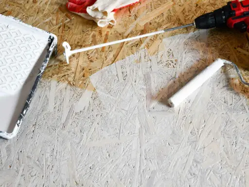 Beim Streichen von OSB-Platten mit weißer Farbe: Ein Farbroller und eine Farbwanne liegen bereit, daneben ein Akkuschrauber und Handschuhe.