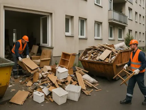 Männer in Warnwesten und Helmen räumen eine Messie-Wohnung aus. Sperrmüllcontainer und Kartons stapeln sich vor dem Gebäude.